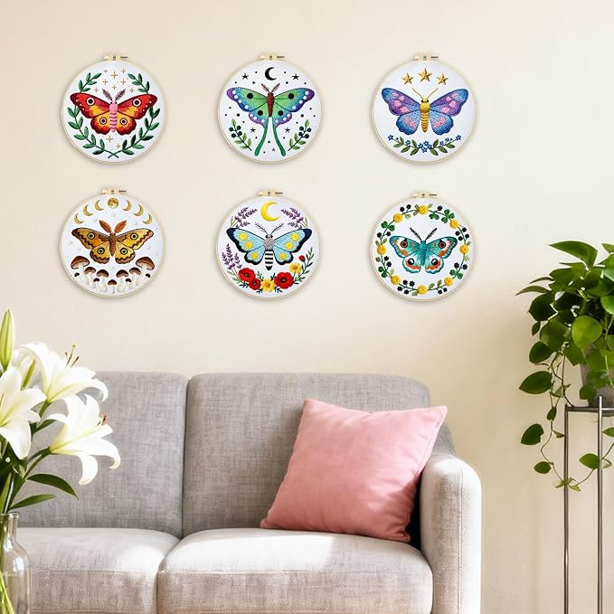 BEUNITONE 6 Set Moth Embroidery Kit for Adults Beginners, DIY Needlepoint Craft Kits with Instructions and Hoops, Complete Starter Set for Adults, Handmade Embroidery for Gifts and Home Decor 20x20cm