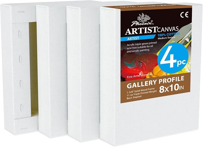 PHOENIX 8x10 Inch 4 Pack Gallery Canvas - 1.5 in Thick Small Canvases for Painting - Deep Edge 100% Cotton 11 Oz. Gesso Primed White Blank Professional Canvas Oil & Acrylic Paints