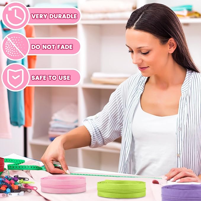 DOITEM 31 Yards 10 Pieces Sewing Zippers #3 Nylon Coil Zippers 10 Colors Assorted Zipper for Sewing with 40 Zipper Sliders for DIY Tailor Sewing Crafts Supplies,
