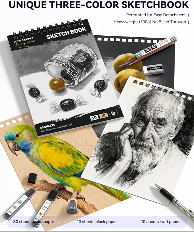 Four Candies 73PCS Advanced Drawing Kit with Professional Art Supplies | Fineliner Pens, Mechanical Pencils, 3-Color Sketchbook, Charcoal Sticks,Pastels for Sketching Drawing Comics, Artists