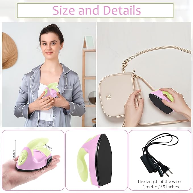 Honoson Mini Craft Iron Mini Heat Press Small Iron 3.93 x 2.36 x 2.76 Portable Tiny Flatiron with Charging Base Accessory for Fuse Bead Patch DIY Heat Transfer Vinyl (Light Yellow, Light Pink)