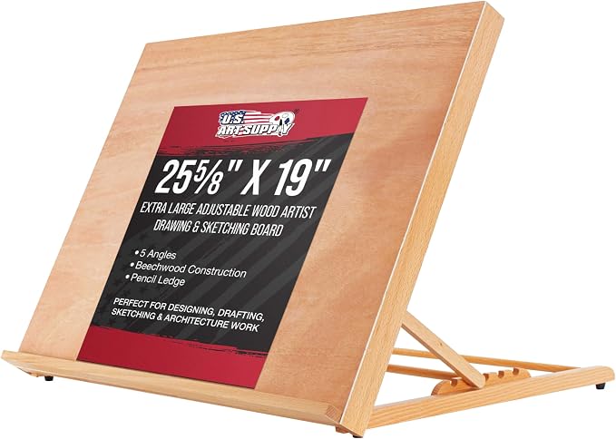 U.S. Art Supply X-Large 25-5/8" x 19" (A2) Wooden Drawing Board, Adjustable | Table Top Easel for Painting and Drawing - Drafting Board with 6 Angles, Pencil Ledge, Locking Storage Drawer
