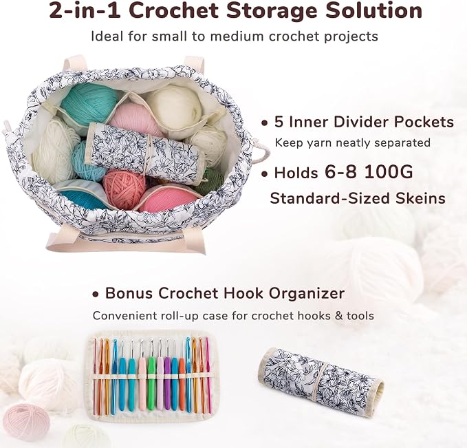 MYBAGZING Portable Crochet Bag Organizer with Crochet Hook Organizer Roll, Quilted Yarn Storage Tote with Grommets, Knitting Project Bag for Yarn & Accessories, Floral Craft Tote Gift for Crocheters