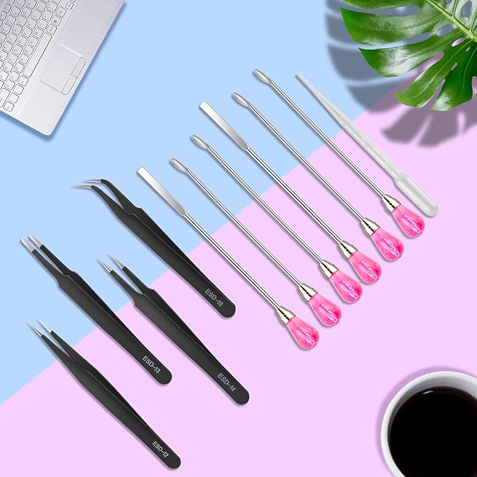 Moocci 11 Pcs Silicone Resin Mold Tools Set, Tweezers Jewelry Making Kit, Stirring Needle Spoon Tool, Anti-Static Stainless Steel ESD Tweezers Precision Set for DIY Epoxy Resin Casting Craft