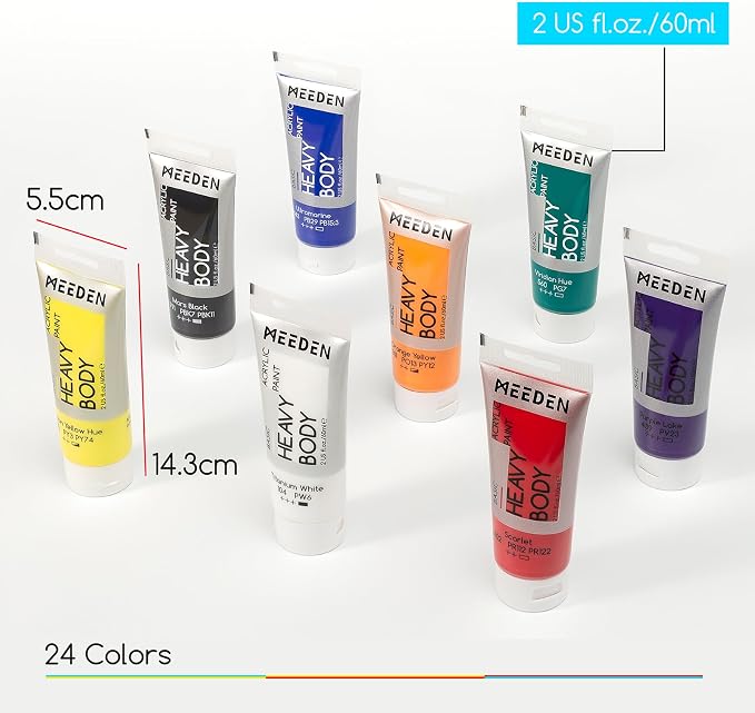 MEEDEN Heavy Body Acrylic Paint: Satin Finish 24 x 60ml (2 oz) Tubes Set | Basic Paint Color Set for Adults, Rich Pigment Art Craft Paints for Canvas Clay Wood Painting