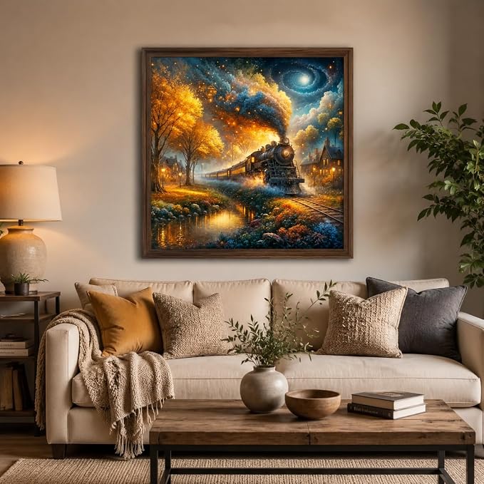 PINFFSHU 5D Diamond Painting Kits for Adults - Full Drill Fantasy Steam Train Autumn Forest, Starry Galaxy Night Sky Cozy Village, DIY Diamond Art Kit for Home Wall Decor Gift (13.78x13.78 inch)