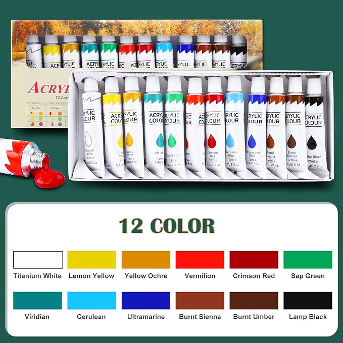 ESRICH Acrylic Paint Canvas Set, 52 PCS Painting Supplies Kit | 2 Wood Easel, 2 * 12 Colors, 20 Brushes, Circular Canvas, Paint Kit for Kids, Students, Artists and Beginner
