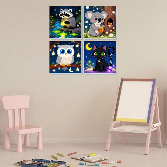 Arttoplus 4 Pack Paint by Numbers Kit for Kids with Frame Animals 8x8in | Cute Kids Paint by Numbers Ages 4-8-12 with Wooden Easel, Easy DIY Acrylic Oil Painting by number Aniamls for Gift Home Decor