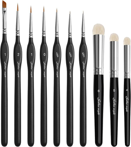 Golden Maple Miniature Paint Brushes Drybrush-10pcs Micro Detail Paint Brush Set, Small Fine Detail Brushes for Acrylic, Watercolors & Paint by Number, Figurine