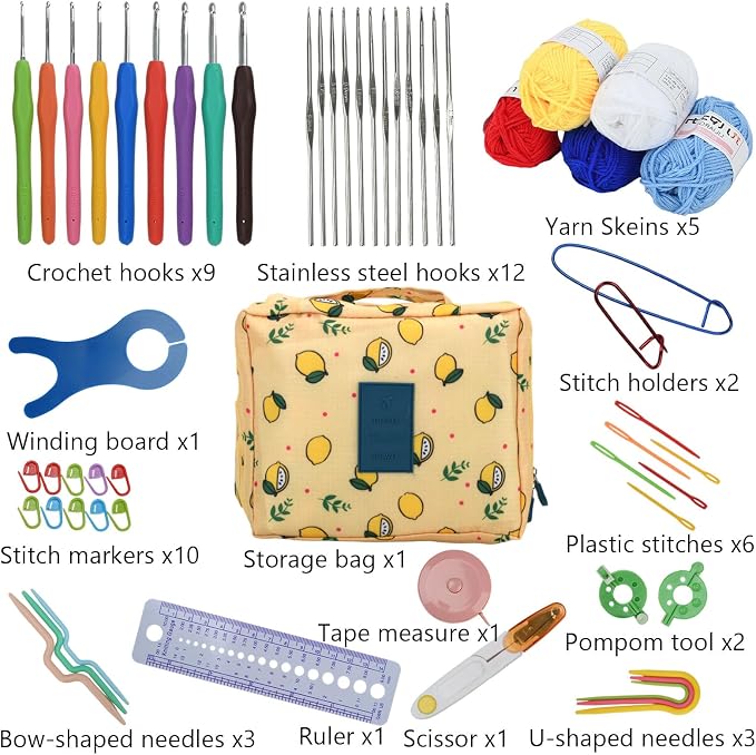 BJSSBJH Crochet Tools and Supplies Set, 57-Piece Crochet Hook Kit with Yarn and Accessories, Portable Craft Tool Kit for Adult Beginners and Experienced Crafters(A Style)
