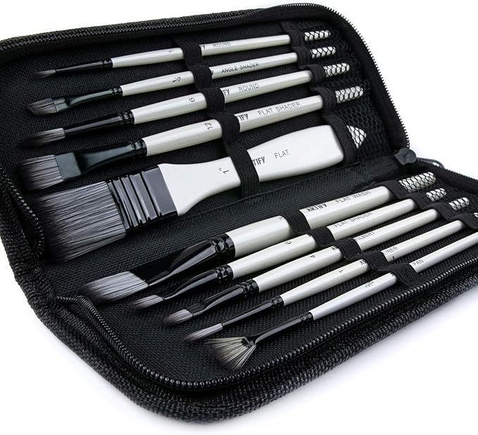 ARTIFY Paint Brush Set, 10 Pieces Paint Brushes for Acrylic Painting with case, Nylon Hair Brushes for Acrylic, Watercolor, Oil and Gouache Painting, White