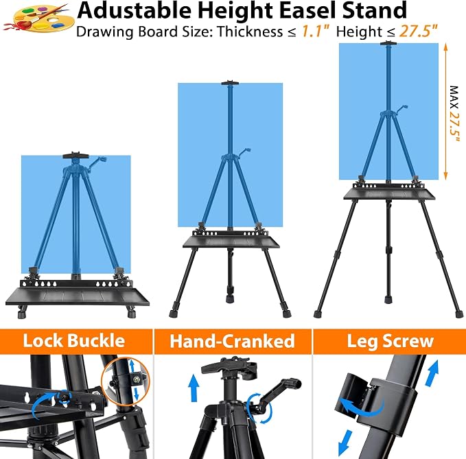 Easel Stand for Painting Artist Easel Stand Adjustable Height 20" to 61" Metal Tripod Art Easels Stand for Painting Canvases Tabletop Floor Art Easel Stand with Tray, Bag, Folding Keg, Black