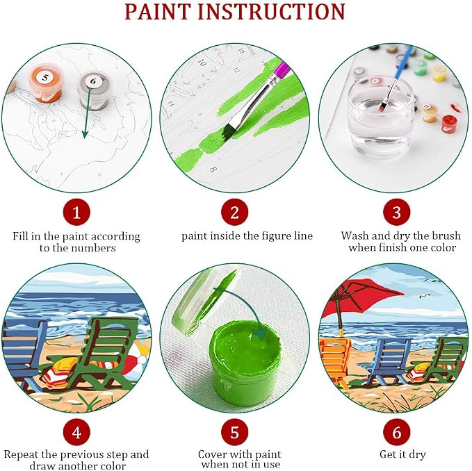 Ginkko Paint by Numbers Art Kit for Adults, 12x16 inch Beach Framed Canvas, Non-Toxic Acrylic Paints and Brushes, DIY Home Decor Gift