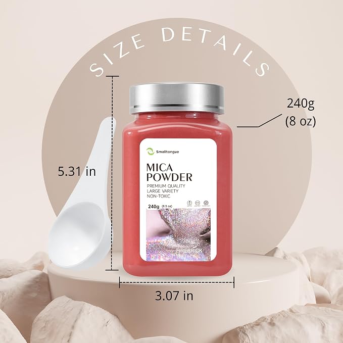 Mica Powder, FireBrick, 240g with Scoop, Complies with ASTM D-4236 | For Epoxy Resin, Soap, Bath Bomb, Candle| Safety Material| Odorless| Brilliant Colors