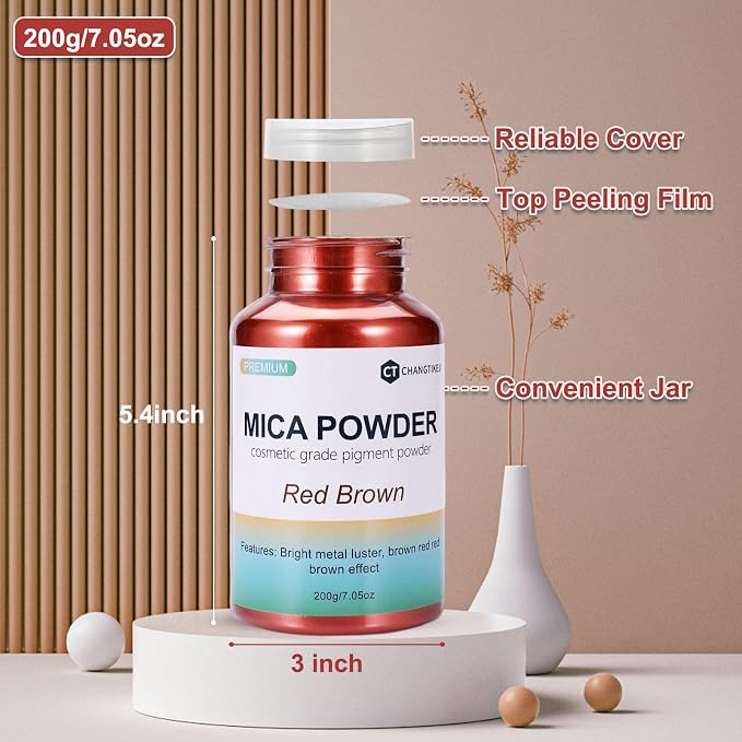 Mica Powder,7.05OZ（200g）,Red Brown Mica Powder Pigment for Epoxy Resin，Lip Gloss，Paint，Dye，Soap Making，Nail Polish,Candle Making,Bath Bombs(Red Brown)