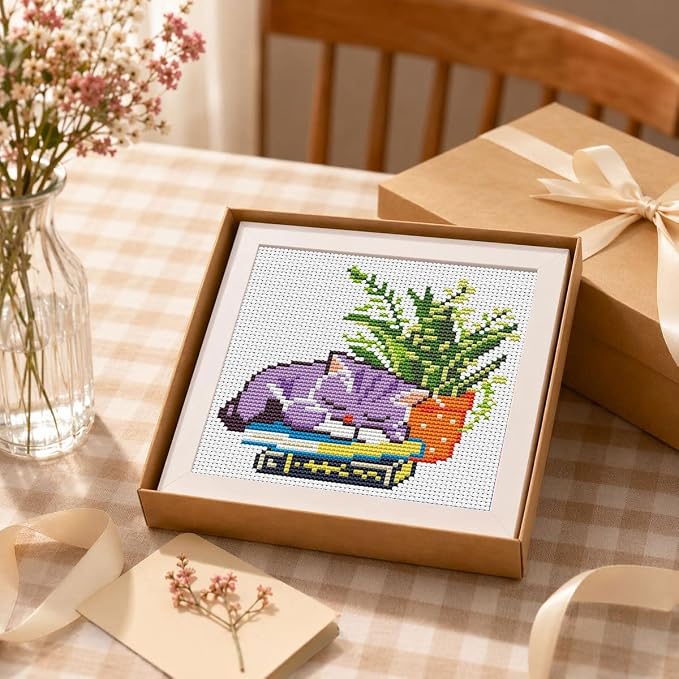 Sleepy Cat Greenery Stamped Cross Stitch Kits for Beginners with Framed | Potted Plant Needlepoint Counted Cross Stitch Kits for Adults with Framed Embroidery Kits Arts and Crafts 6 x 6 inch