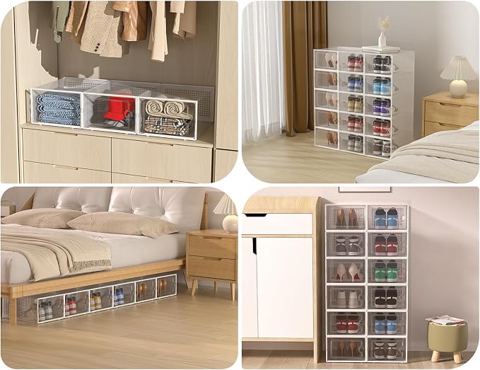 Kuject XX-Large Shoe Storage Boxes 12 Pack, Clear Stackable Shoe Organizer