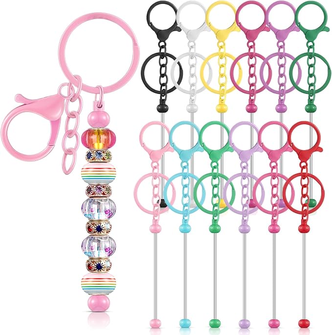 Tondiamo 12 Pcs Beadable Keychains Bars Bulk Blank Beaded Metal Keychain for Craft DIY Gift