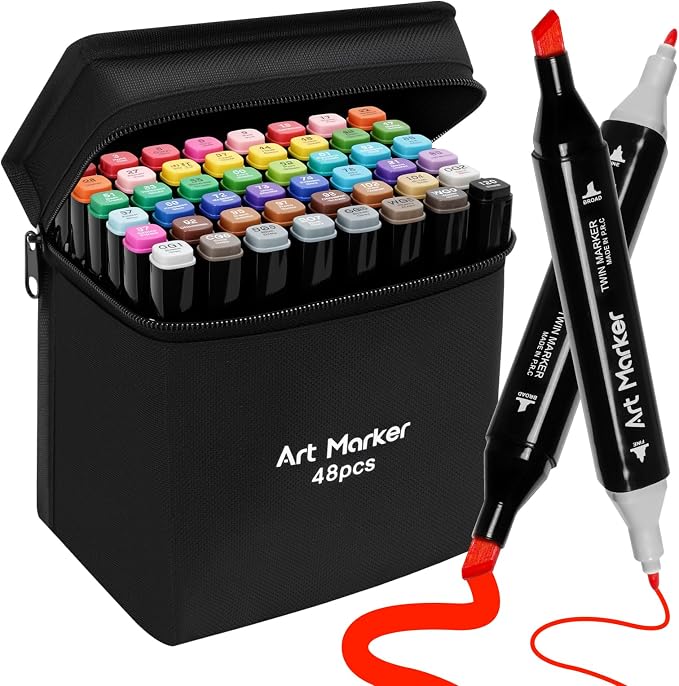 48 Alcohol Markers Set,Dual Tip Art Markers for Adult Coloring, Alcohol Markers Set for Drawing,Coloring,Sketching,Card Making,Illustration, Ideal for Artists, Designers & Crafters