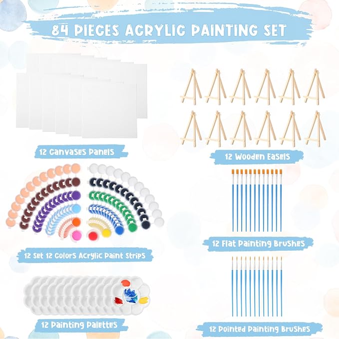 Qilery 12 Set Canvas Painting Kit, Mini Canvas with Wooden Easels Acrylic Paints Strips, Brushes, Palette, Art Set for Acrylic Oil Watercolor Adults Birthday Party Favors(6 x 6 Inch)