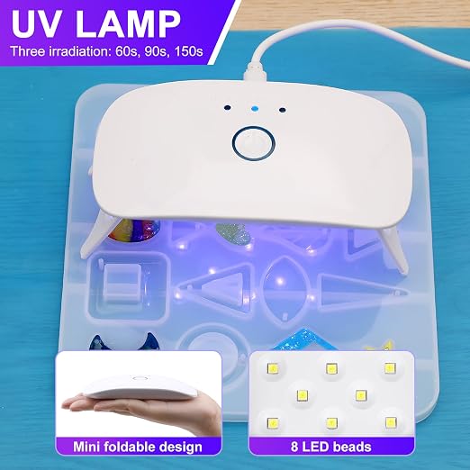KISREL UV Resin with Light - 400g Hard Type Crystal Clear Ultraviolet Curing UV Resin Kit, 8 Lamp Beads UV Light(Non-Battery), UV Resin with Light for Craft Jewelry Making