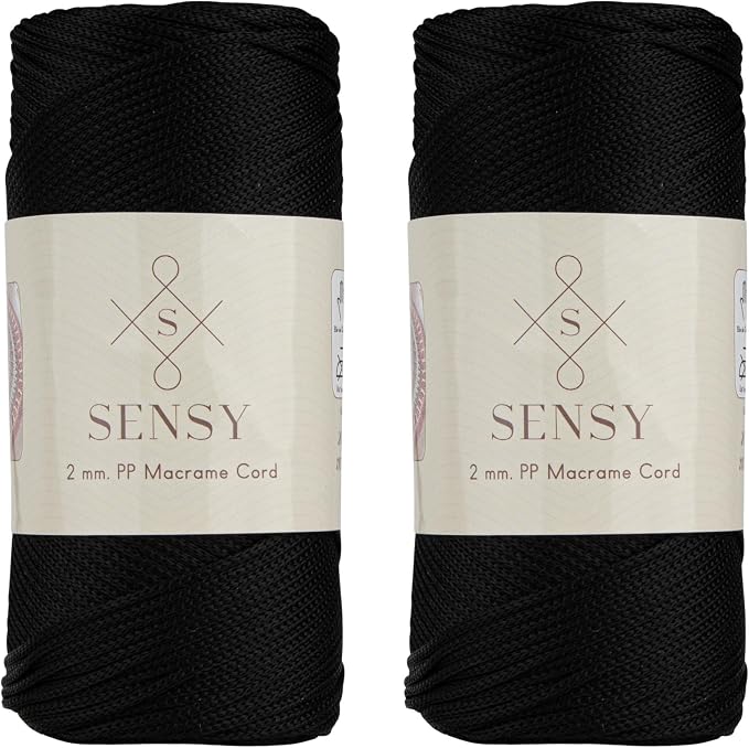 Sensy Premium 2 Pack of 2mm 251 Yards Polyester Rope 100% Polypropylene Cord Macrame Cord 2mm Crochet Bag Cord Macrame Rope Crochet Thread Gift for Knitter (Black)