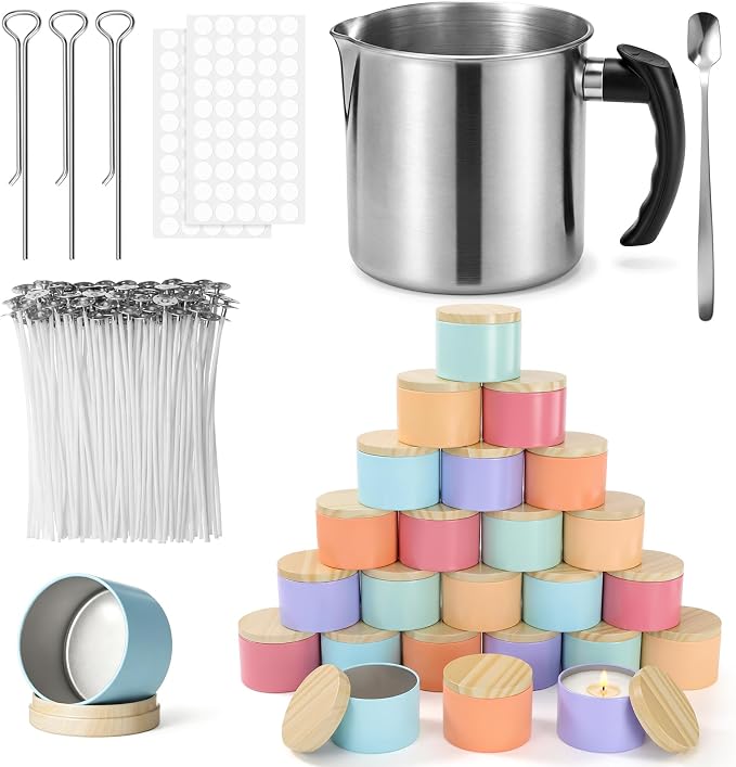 Honeydak Fall Candle Making Supplies DIY Craft Tools for Adults Beginners | 4oz Metal Candle Tins with Lids Bulk, 44oz Stainless Candle Pouring Pitcher with Spoon, Candles Wicks, Stickers, Wicks Holder