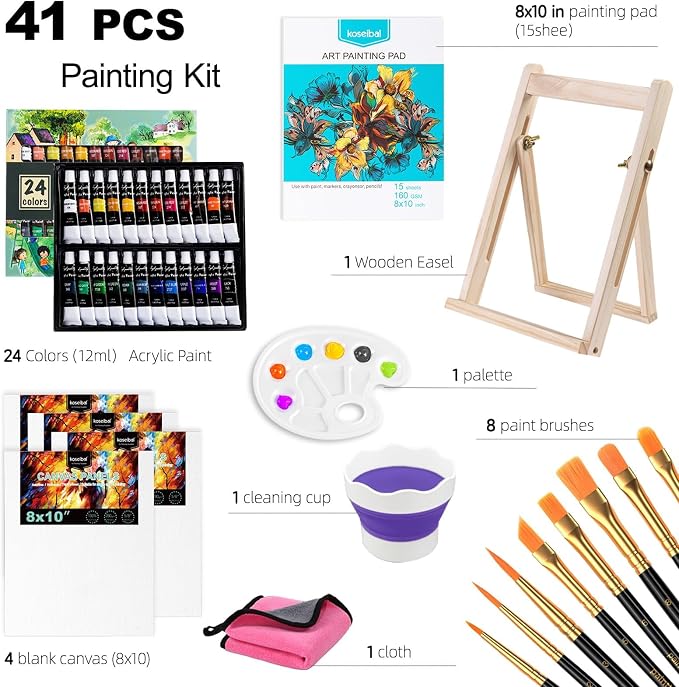 koseibal 24 Color Acrylic Paints Set with Tabletop Easel and Canvas Pad