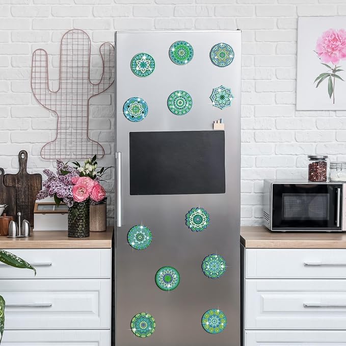 Zonon 12 Pcs Mandala Diamond Art Fridge Magnets, Teal Green | Refrigerator Magnets for Whiteboard Locker Office, Boho Turquoise Diamond Painting Patterns, Round Hexagon Designs