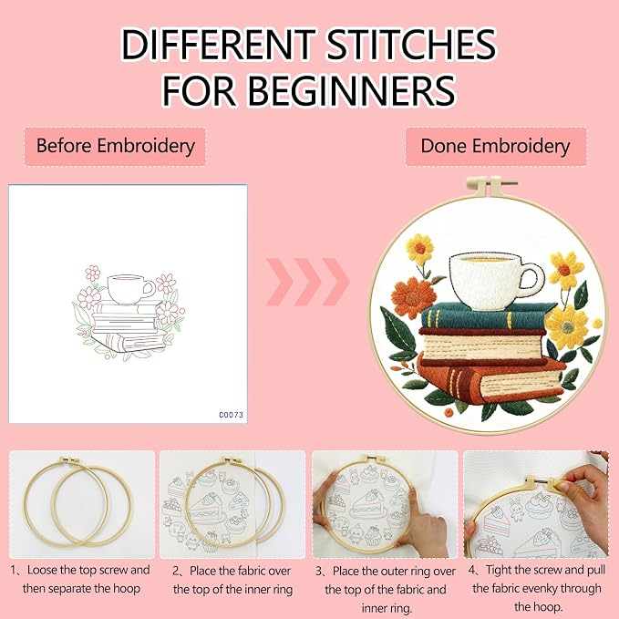 Zhenqing Book Lover Embroidery Kit for Beginners, Coffee & Books Needlework Craft with Pre-Printed Cotton Fabric, Hoop, Threads & Tools, Reading Nook Decor (C0073)