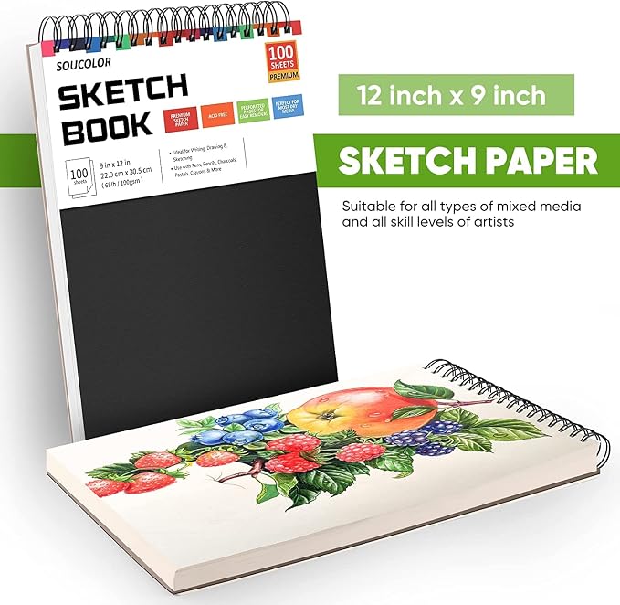 Soucolor 2-Pack 9" x 12" Sketch Book, Spiral Bound for Kids Adults Artists | 200 Sheets 68lb/100gsm Paper Professional Drawing Supplies for Sketch, Charcoal, Colored, Graphite, Pastel Pencils & Sticks