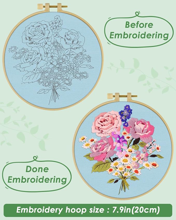 ERKOON Embroidery Kit for Beginners, Flower Cross Stitch Set for Include Embroidery Cloth Hoops Threads for Craft Lover Hand Stitch with Embroidery Skill Techniques (Bouquet)