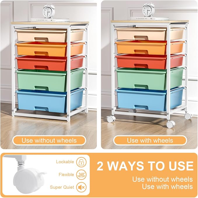 SYKIARIOL Utility Cart with Drawers,5 Drawers Storage Cart,Macaron | 5-Tiers Storage Cart with Drawers with Lockable Wheels for Craft Organizers and Storage,Home Office,Classroom,Dorm,Playroom