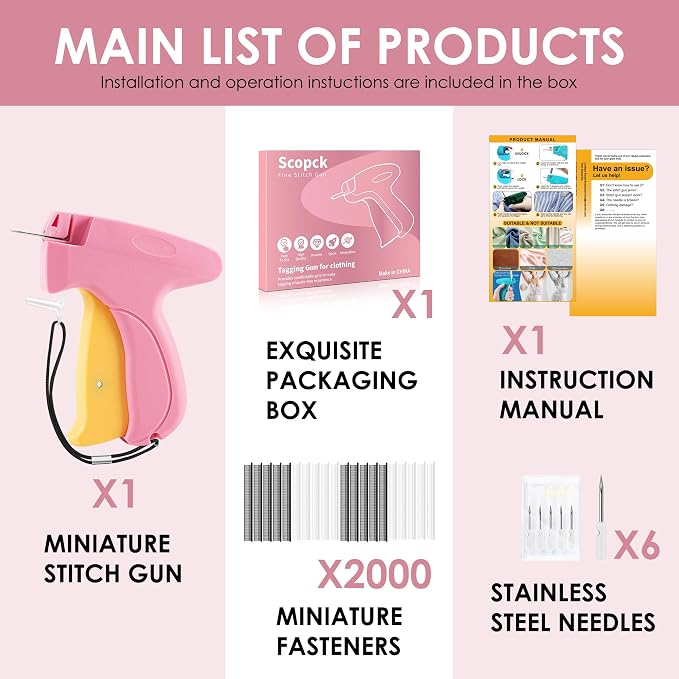 Stitch Gun for Clothes - Handheld Stitch Gun Quick Clothing Fixer - Mini Sewing Kit Micro Tagging Gun - Includes 6 Needle, 1000 Black Fasteners & 1000 White Fasteners (Pink-Yellow)