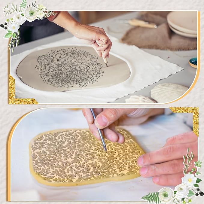 DoubleFill 12 Pcs Polymer Clay Texture Sheets Mat Works with Polymer Clay Cutter Embossin Roller DIY Tools for Pottery Earrings Jewelry Making