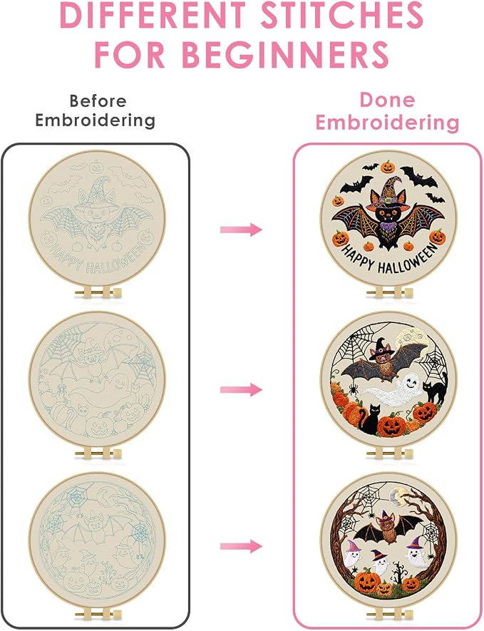 TINDTOP Halloween Embroidery Kit for Adult, 3 Pack Embroidery DIY Starter Kit, with Stamped Patterns, Hoop, Tools, Colorful Threads with Needles, Instructions