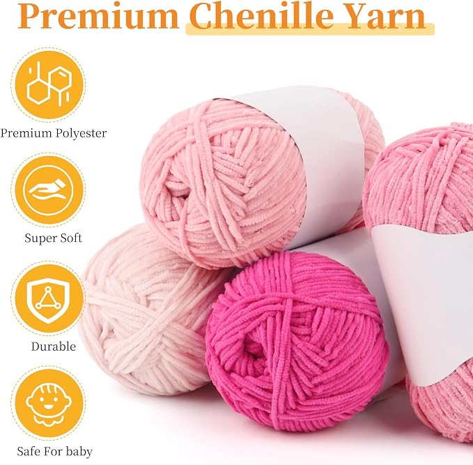 Coopay Skinny Chenille Yarn for Crocheting & Knitting, Pink Gradient | Crochet Yarn Set - 600g Total, Velvet Yarn for Colorful Crafts, Blankets, Plush Dolls, Decorative Handmade Works