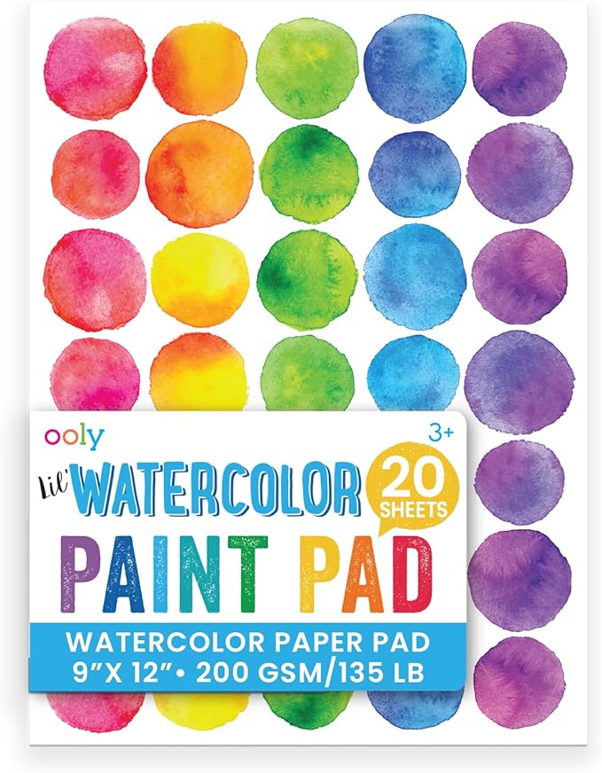 Ooly Lil' Watercolor Paint Pad for Kids, 20 Sheets, 9x12 in | Ages 3+, 200 GSM Acid-Free No-Bleed Paper, 9x12 in, Great for Painting, Watercolor, and Art Projects