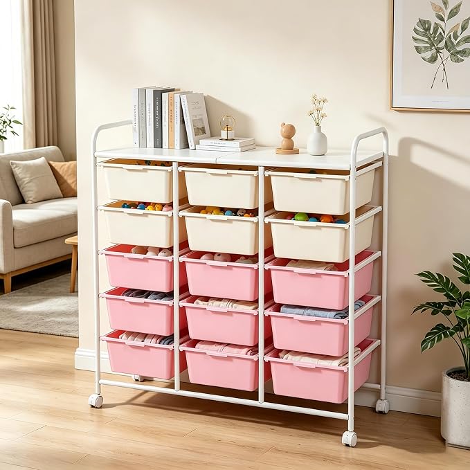 15-Drawer Rolling Storage Cart with Wheels, 2-Color Plastic Drawer Cart | Mobile Organizer Cart, Utility Storage Trolley for Office, Living Room, Craft Room, Bathroom, and Home Organization