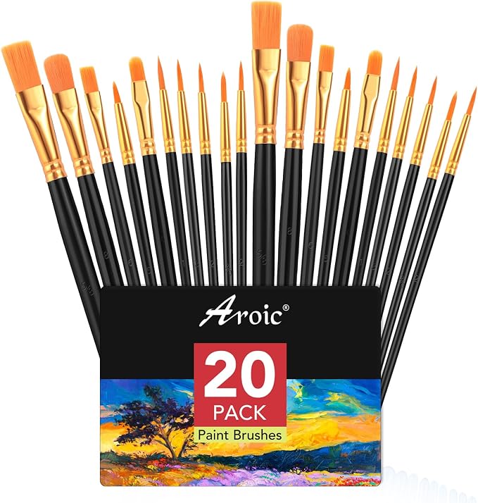 AROIC Acrylic Paint Brush Set, 2 Packs / 20 pcs Nylon Hair Brushes | All Purpose Oil Watercolor Painting Artist Professional Kits (Black)