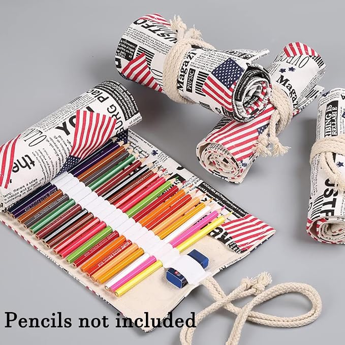 DIYOMR 24/36/72 Slots Pencil Wrap Pencil Rolls, Artist Colored Pencils Roll Up Bag Short Brushes Pouch Case Pencils Organizer for Drawing Coloring and Sketching,No Pencils (Flag, 24slots)