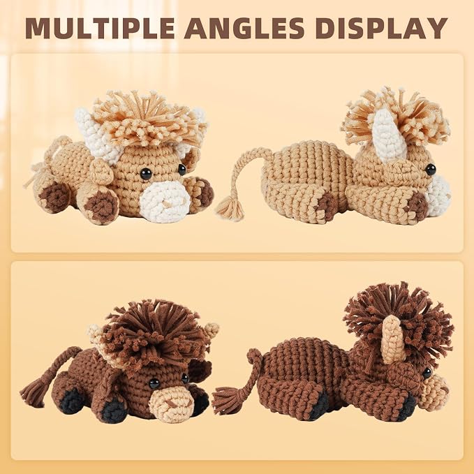 MOREJMTT Crochet kit for Beginners Adults, Learn to Crochet, Include Easy Knitting Soft Yarn, Step-by-Step Video Tutorial, Hook, Holiday Birthday Gift for Adults (Highland Cattle)
