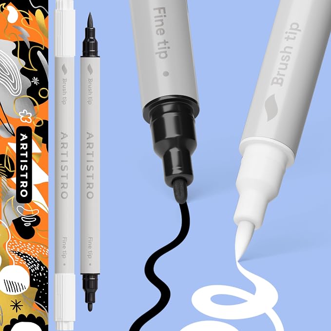 ARTISTRO White & Black Dual-Tip Acrylic Paint Pens - Set of 2 | 1mm Fine & Brush Tips, Multisurface Markers, Perfect for Glass, Rock, Fabric, Wood, Plastic, & More
