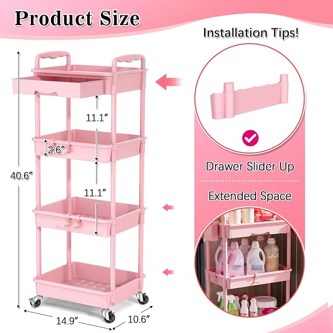 SUNALLY 4 Tier Rolling Cart with Drawer, Craft Storage Cart Organizer, Pink