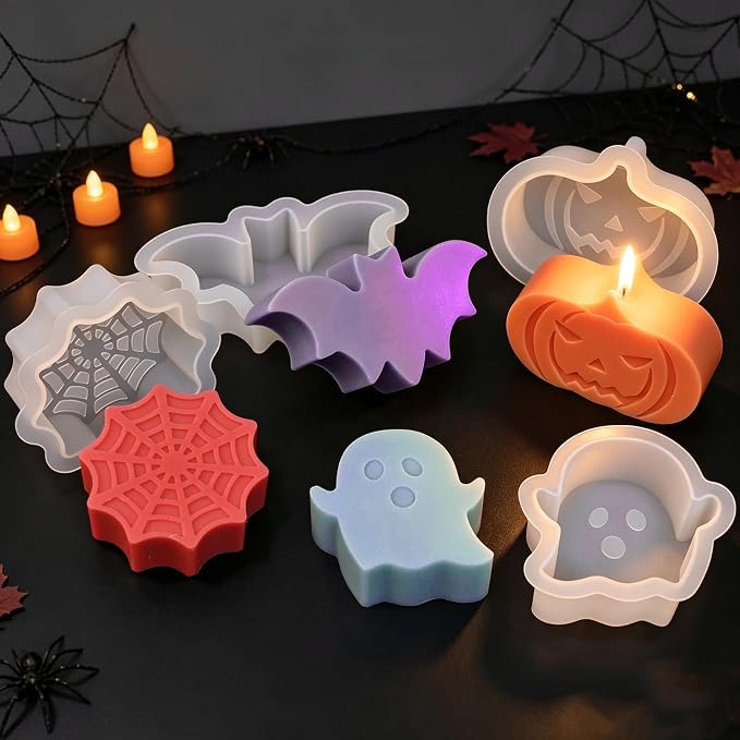 Halloween Candle Molds, Set of 4 Pumpkin Ghosts Bat Soap Molds | Halloween Silicone Molds for Candles Making, Wax, Soap, Clay, Plaster, Epoxy Resin Home Party Decorations DIY Gift