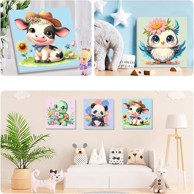 4 Pack Animal Paint by Number for Kids with Wooden Frame - Wooden Easel | Paint by Numbers for Kids Ages 4-8-12, Easy Panda Sea Turtle Owl Cow DIY Oil Painting Kits for Home Wall Decor (8X8 inch)