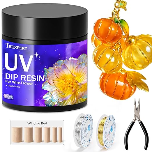 Teexpert UV Resin Dip for Wire Flowers Kit, 100g Crystal Clear UV Dip Resin with Pliers, 2Pcs 31FT Wires for Wire Shapes, Fast Cure Thick Glue for Jewelry Making, Holiday Surprise for DIY Art Crafts