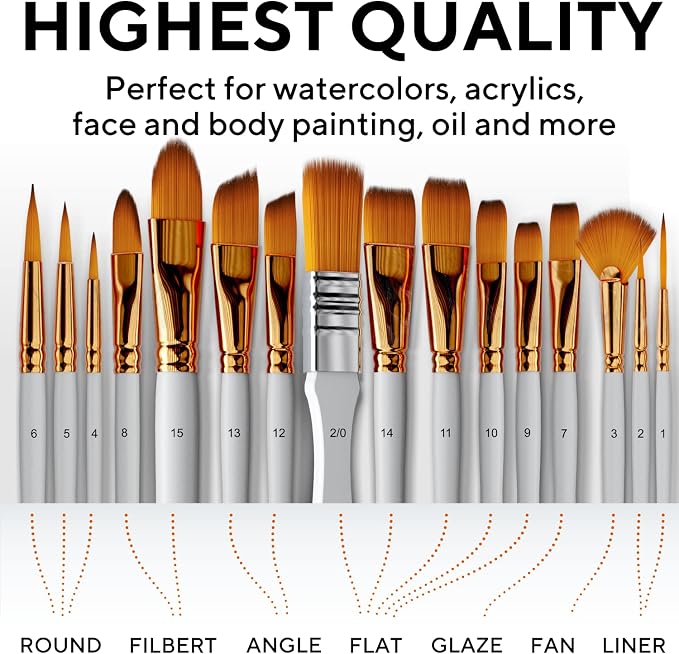 Acrylic Paint Brush Set of 16, Artist Paint Brushes for Acrylic Painting | Organizing Case, Spatula Palette Knife and Sponge Included, Ready for Watercolor and Oil, for Adults and for Beginners
