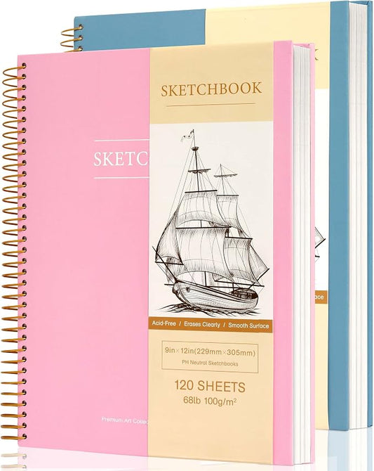 Yoment 9"x12" Hardcover Sketchbook for Drawing，120 Sheets，100GSM | Pink & Blue,Spiral Bound Sketch Pad Premium Art Sketchbook Artistic Drawing Paper Pad for Kids Adults Beginners Artists