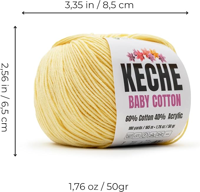 Keche Baby Cotton, 60% Cotton 40% Acrylic Yarn, Soft Cotton Yarn for Crochet and Knitting, Amigurumi Yarn 1 Skein/Ball 1.76 Oz (50g) / 180 Yrds (165m) - Pastel Yellow